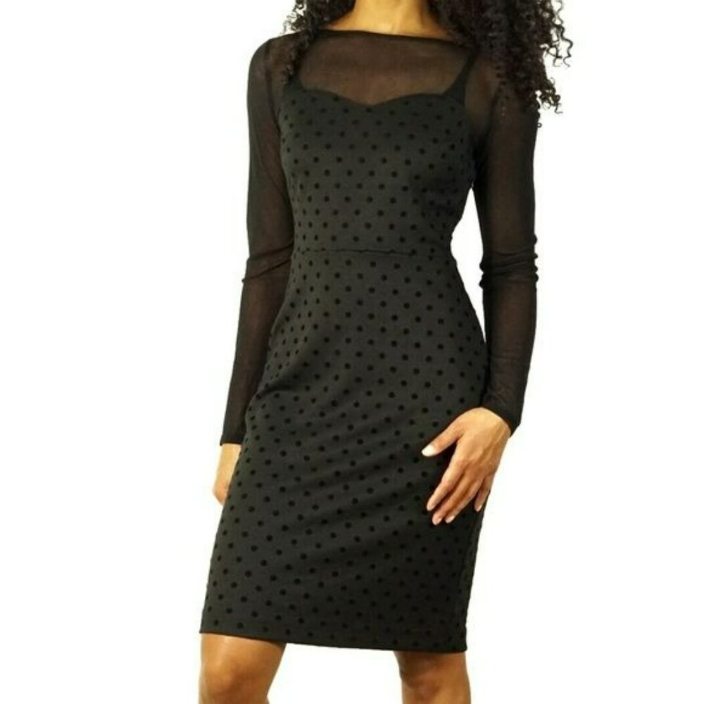 The Limited Black Dress, Black L/S w Velvet Dots, Sweetheart Detail, Mesh Sleeve